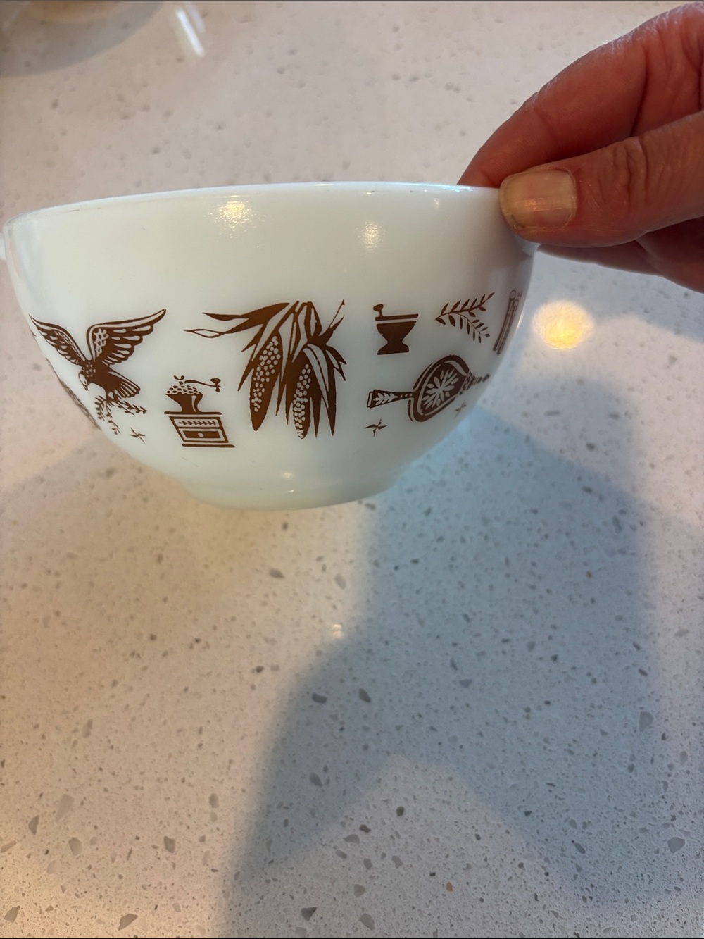Pyrex 22 Vintage White Ceramic Bowl with Brown Americana Decorative Motif